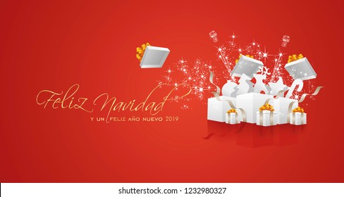 Merry Christmas and Happy New Year 2019 Spanish language Feliz Navidad y un Feliz Ano Nuevo firework gift box gold red greeting card