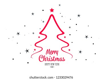 Merry Christmas and happy new year vector lettering with Christmas tree and stars on white background