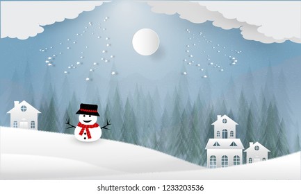 Merry Christmas and Happy New Year.  An illustration of a village on a snowy night. Have snow dolls. It is a quiet night of the Christmas season. Paper cut.