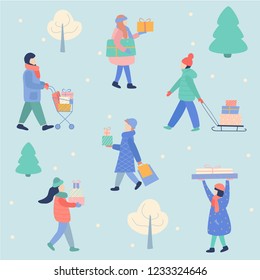 Merry Christmas and Happy New Year template with people carrying christmas gifts on winter background. Vector ilustration, hand drawing cartoon modern style, pastel colors.