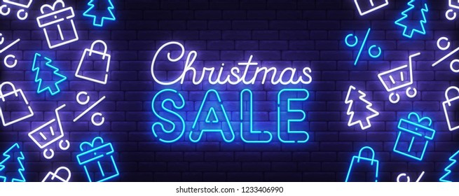 Merry Christmas and Happy New Year neon banner. Christmas sale web banner. Holiday set icon. Logo, emblem and label. Neon sign, bright signboard, light banner.