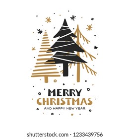 Merry Christmas and Happy New Year hand drawn card. Gold and black fir trees in simple scandinavian cartoon style. Vector vintage illustration.