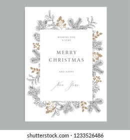 Merry Christmas, Happy New Year Vintage Floral Greeting Card, Invitation. Holiday Frame With Evergreen Fir Tree Branches, Pine Cones And Holly Berries. Elegant Engraving Illustration, Winter Design.