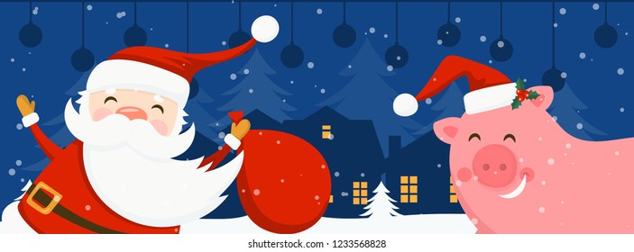 Merry Christmas and Happy New Year winter holidays banner with holidays objects and Santa Claus and pig. Vector illustration