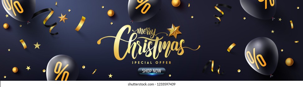 Merry Christmas and Happy New year Promotion Poster or banner with black balloons, golden ribbon and confetti.Promotion or shopping template for Christmas in golden and black style.Vector EPS10