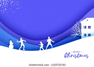 Merry Christmas and Happy New Year. Origami Winter Snowball game. Landscape. Village with blue sky. Entertainment in winter sports. City Urban Countryside, forest in paper cut style. Holidays