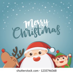 Merry Christmas And Happy New Year Greeting Card. Santa with elf and reindeer.