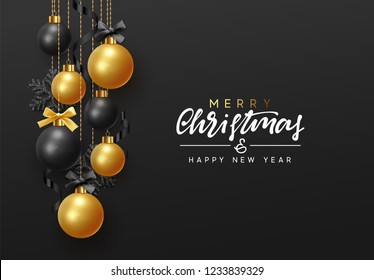 Merry Christmas and Happy New Year. Background hanging gold and black balls with ribbon and bow. Xmas greeting card with decorative bauble. vector illustration