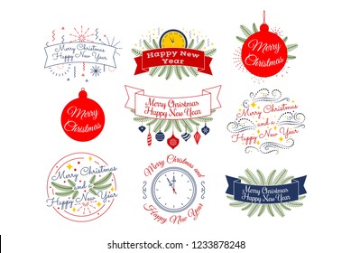 Merry Christmas. Happy New Year. Typographic badges collection. Vector editable linear logo, emblems, phrase design. For banners greeting cards gifts ad poster. Colorful Red Blue White Green