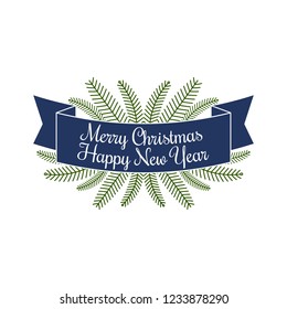 Merry Christmas. Happy New Year. Colorful vintage typographic festive badge. Vector editable linear logo emblem phrase design. Winter holidays. Banner greeting card ad poster