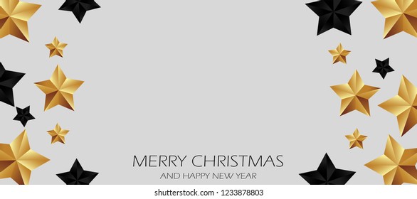 Merry Christmas and Happy New Year banners, with stars gold and black stars, design on red background. Vector illustration.