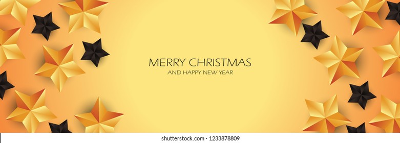 Merry Christmas and Happy New Year banners, with stars gold and black stars, design on red background. Vector illustration.