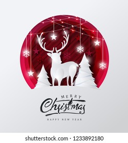 Merry christmas and happy new year background Decorated with deer in forest and star paper cut style.Glowing lights Vector Illustration.