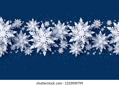 Merry Christmas and Happy New Year seamless pattern decoration vector design with 3d white realistic layered paper cut snowflakes on blue background. 