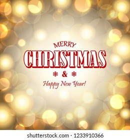 merry christmas and happy new year greetings on golden bokeh effect background