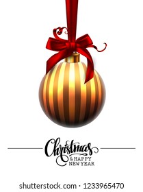 Merry Christmas and a happy New Year. Golden striped ball with a red bow on the white background.High detailed realistic illustration.