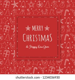 Merry Christmas and Happy New Year - greeting card with hand drawn ornaments. Vector.