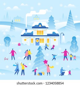 Merry Christmas and Happy New Year greeting card and banner. Winter landscape with house and small people. Vector illustration in trendy flat simple style