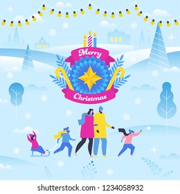 Merry Christmas and Happy New Year card. Happy family in winter cityscape. Vector background.