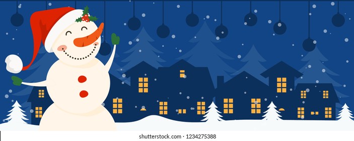 Merry Christmas and Happy New Year winter holidays banner with holidays objects and snowman. Vector illustration