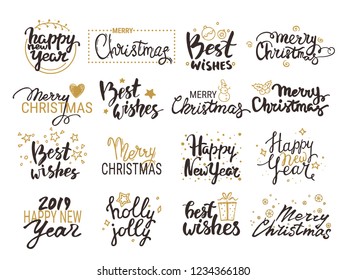 Merry Christmas, Happy New Year 2019 lettering. Handwritten emblem, text design templates, golden festive symbols for new year congratulation card, banner, poster, flyer. Isolated vector set.