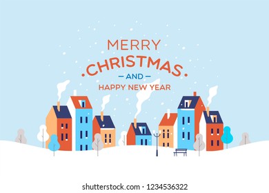 Merry Christmas and a Happy New Year greeting card. Winter town. Vector illustration.