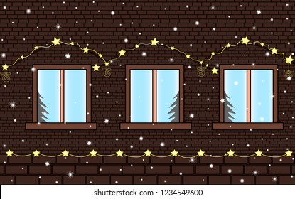Merry Christmas and Happy New Year vector background with brick house wall with windows, festive illumination and winter snow