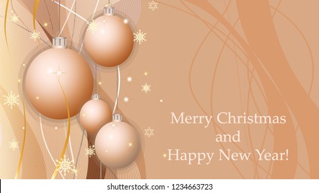 Merry Christmas and Happy New Year background with Christmas decoration, ribbons, snowflakes and stars. Greeting card and Ecard vector banner invitation