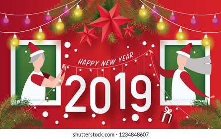Merry Christmas and Happy New Year. couple decoration on window with text Merry xmas design for Christmas and New Year festival. beautiful light on red background. Vector illustration.paper art style.