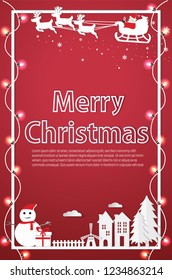 Merry Christmas and Happy new year Red background paper art with santa claus and snowman. Vector illustration