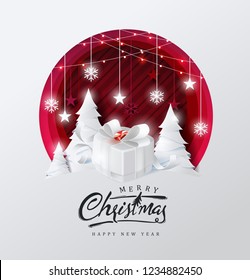 Merry christmas and happy new year background Decorated with gift box in forest and star paper cut style.Glowing lights Vector Illustration.Calligraphic Christmas lettering