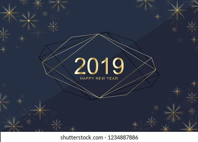 Merry Christmas and Happy New Year 2019 greeting card with golden snowflakes. Happy new year 2019. Holiday greeting card vector template for posters, placards, banners and flyers. Vector illustration