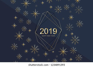 Merry Christmas and Happy New Year 2019 greeting card with golden snowflakes. Happy new year 2019. Holiday greeting card vector template for posters, placards, banners and flyers. Vector illustration