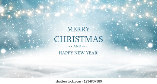 Merry Christmas. Happy new year. Natural Winter Christmas background with blue sky, heavy snowfall, snow, snowy light garlands, snowdrifts. Christmas scene. vector. 