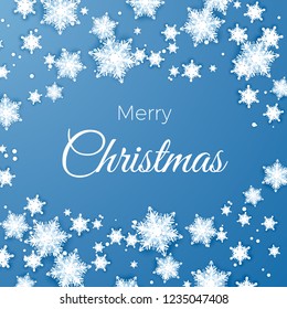Merry Christmas and happy New Year greeting postcard. Paper Snowflakes pattern background. Origami snowfall. Vector illustration