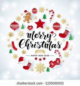 Merry Christmas and Happy New Year calligraphic lettering design on shiny Christmas background with origami snowflakes, stars, gloves, balls, trees, socks, hats and candies.