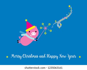 Merry Christmas and Happy New Year dsign with flying little pig. vector