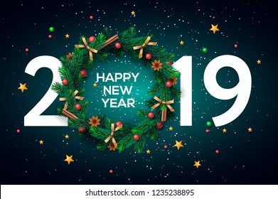 Merry Christmas and Happy New Year 2019 greeting card, vector illustration.