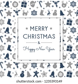 Merry Christmas and Happy New Year - greeting card with hand drawn ornaments. Vector.