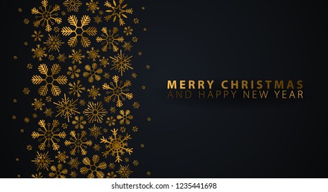 Merry Christmas and Happy New Year. Dark background with gold snowflakes. Vector illustration