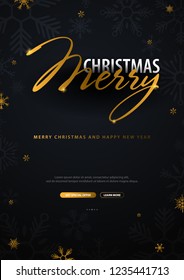 Merry Christmas and Happy New Year. Dark background with gold snowflakes. Vector illustration