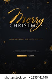 Merry Christmas and Happy New Year. Dark background with gold snowflakes. Vector illustration
