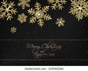 Merry Christmas and Happy New Year card with gold snowflakes on black striped vector background. Flying gold confetti and golden snowflakes Christmas card, New Year greetings calligraphic text.