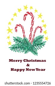 Merry Christmas and Happy New Year card with candy cane, stars  and wreath. Circle shape template with Christmas icons. Colorful sketch style Christmas illustration for decoration. Vector.