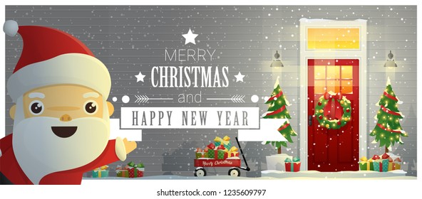 Merry Christmas and Happy New Year background with decorated Christmas front door and Santa Claus , vector , illustration