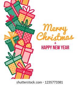Merry Christmas and Happy New Year greeting card with seamless vertical decoration of wrapped gift and present boxes, vector outline illustration