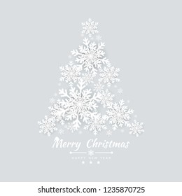 Merry Christmas and Happy New Year background with Christmas tree made of snowflakes. Vector illustration