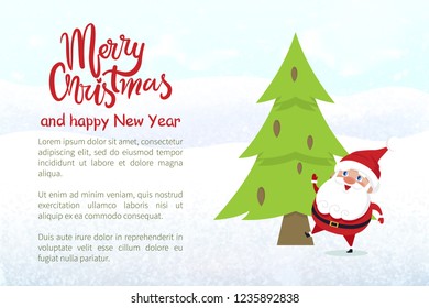 Merry Christmas and happy new year, with character vector. Poster with text and personage standing by spruce, fir evergreen tree with cones on it