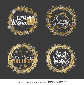 Merry Christmas and Happy New Year festive greetings, winter season wishes. Xmas, lettering for postcards vector in wreath tag, snowflakes isolated frames