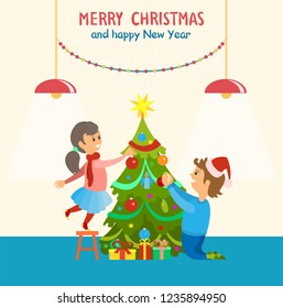 Merry Christmas and happy New Year, home decor vector. Family decorating pine tree with baubles garlands. Spruce with shiny star on top winter days